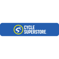 Cycle Superstore in white text on a blue background, to the right of an icon of a figure cycling within a yellow circle.